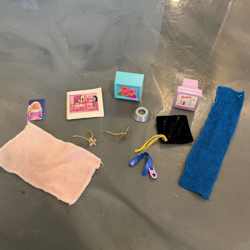 VTG Mattel Barbie Doll Accessories Lot Mini TV Computer Towels Graduation Cap